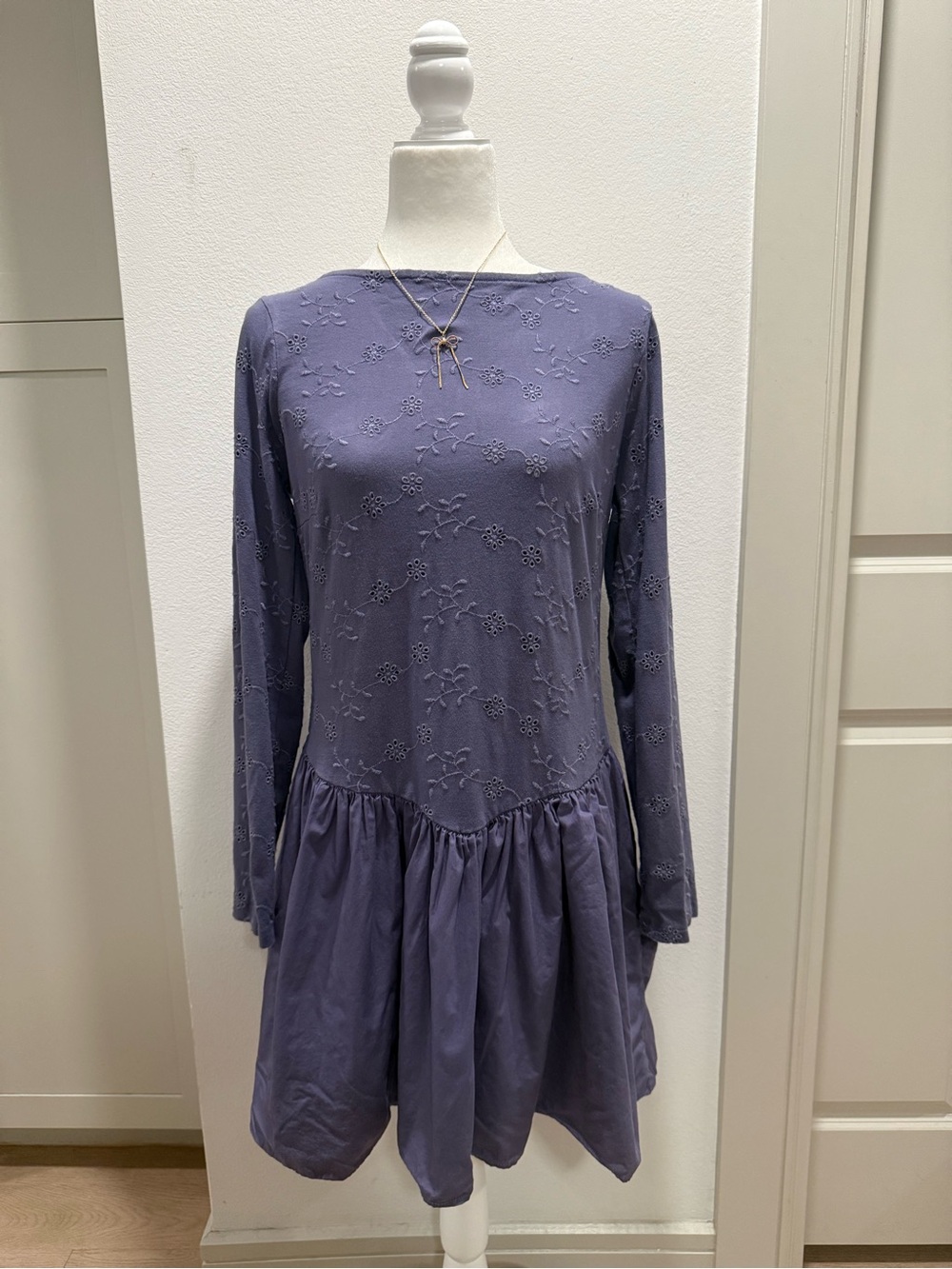 Free People XL Blue Eyelet Embroidered Drop Waist Mini Dress